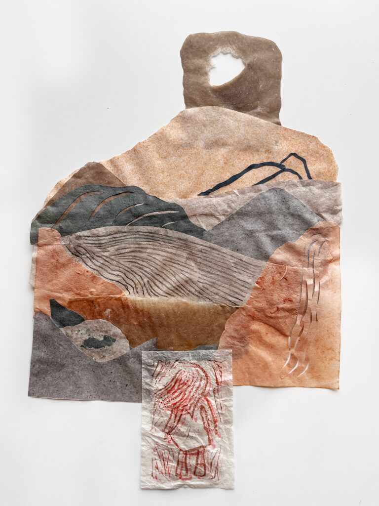 A colorful two-dimensional collage made of flax, abaca, washi, vellum, and cotton, boasting colors of the sunset and ocean.