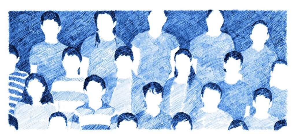 Sketch drawing of people in three rows with blank faces, blue and white coloring