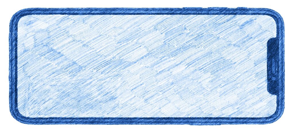 Handdrawn image with hues of blue of a 2D iphone laying horizontally across image taking up full screen