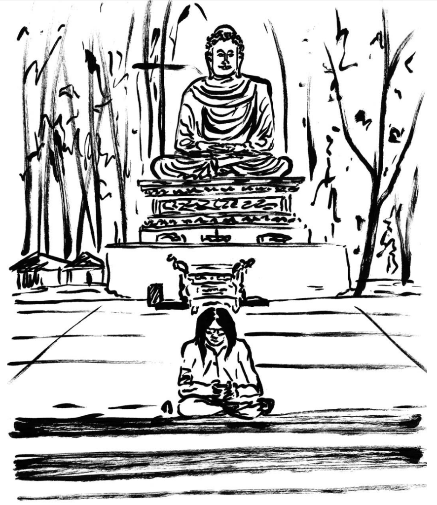 Handdrawn picture of someone sitting in front of a Buddha on their phone