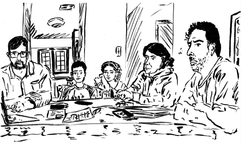 Handdrawn picture of people meeting around a table