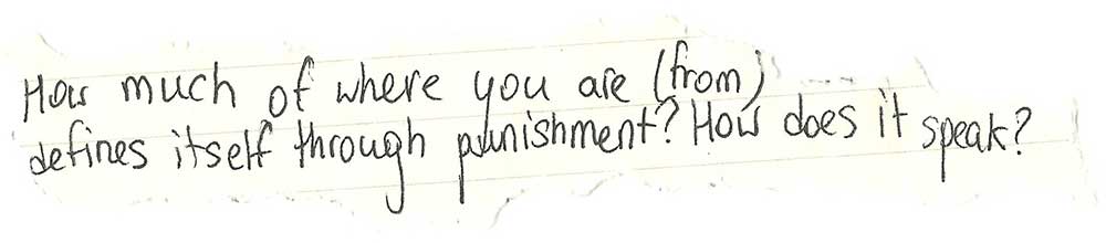 Text handwritten on yellowing paper: "How much of where you are (from) defines itself through punishment? How does it speak?" 