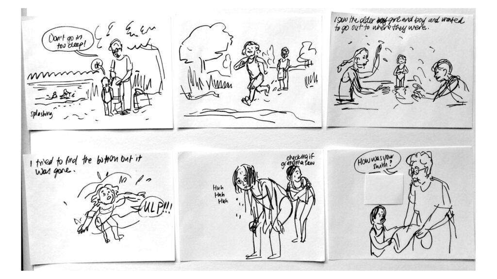 A storyboard featuring sketches depicting a young narrator and her experiences swimming in a river.