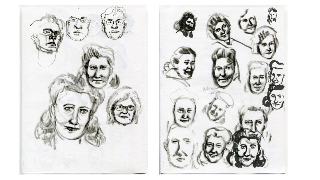 Two full pages of sketches of the narrator's grandmother from various angles and with various expressions on her face.