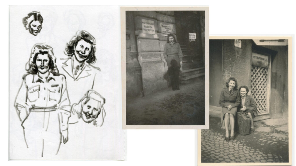 A sketch of the narrator's grandmother set side-by-side with two faded sepia photographs of her grandmother in her youth.