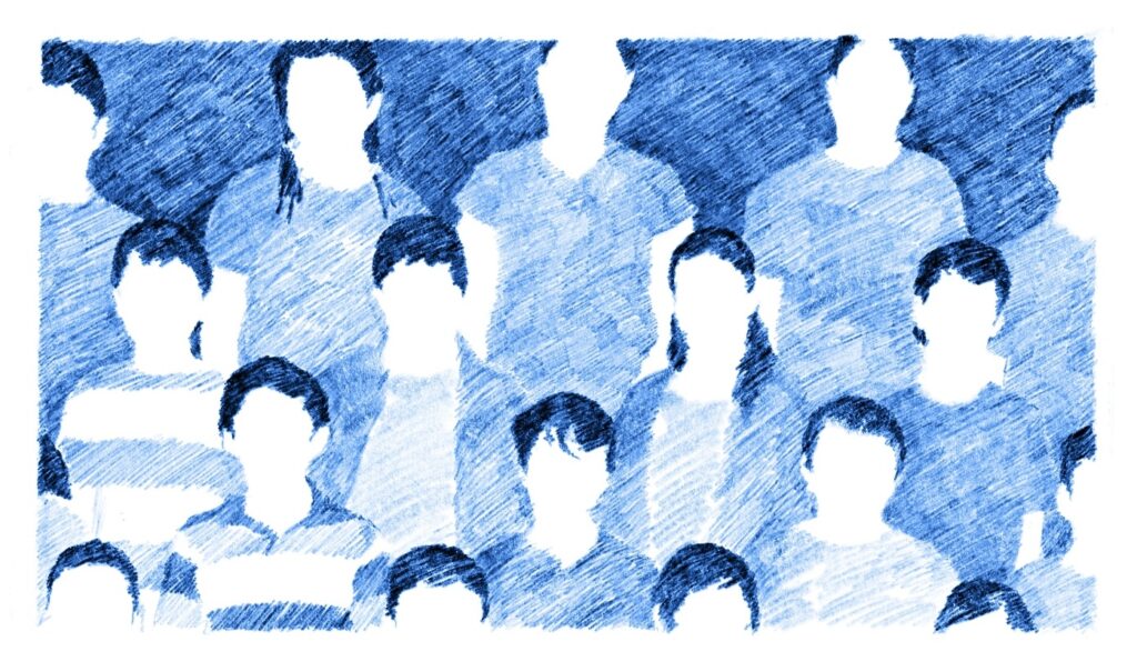 Sketch drawing of people in three rows with blank faces, blue and white coloring