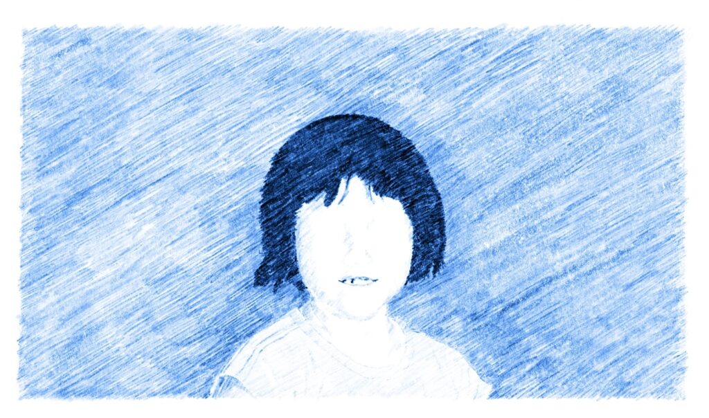 Hand-drawn sketch with blue pencil background and woman's outline with blank face and dark hair in center of image