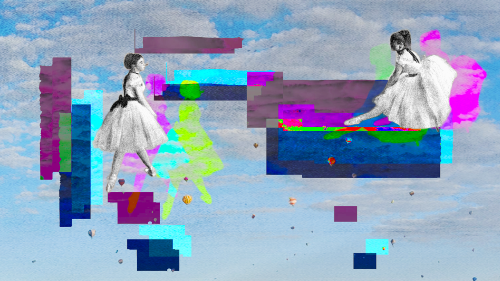 Photo collage background blue sky and clouds with neon bars and ripped tape layers in foreground with two ballerinas in poses looking at each other