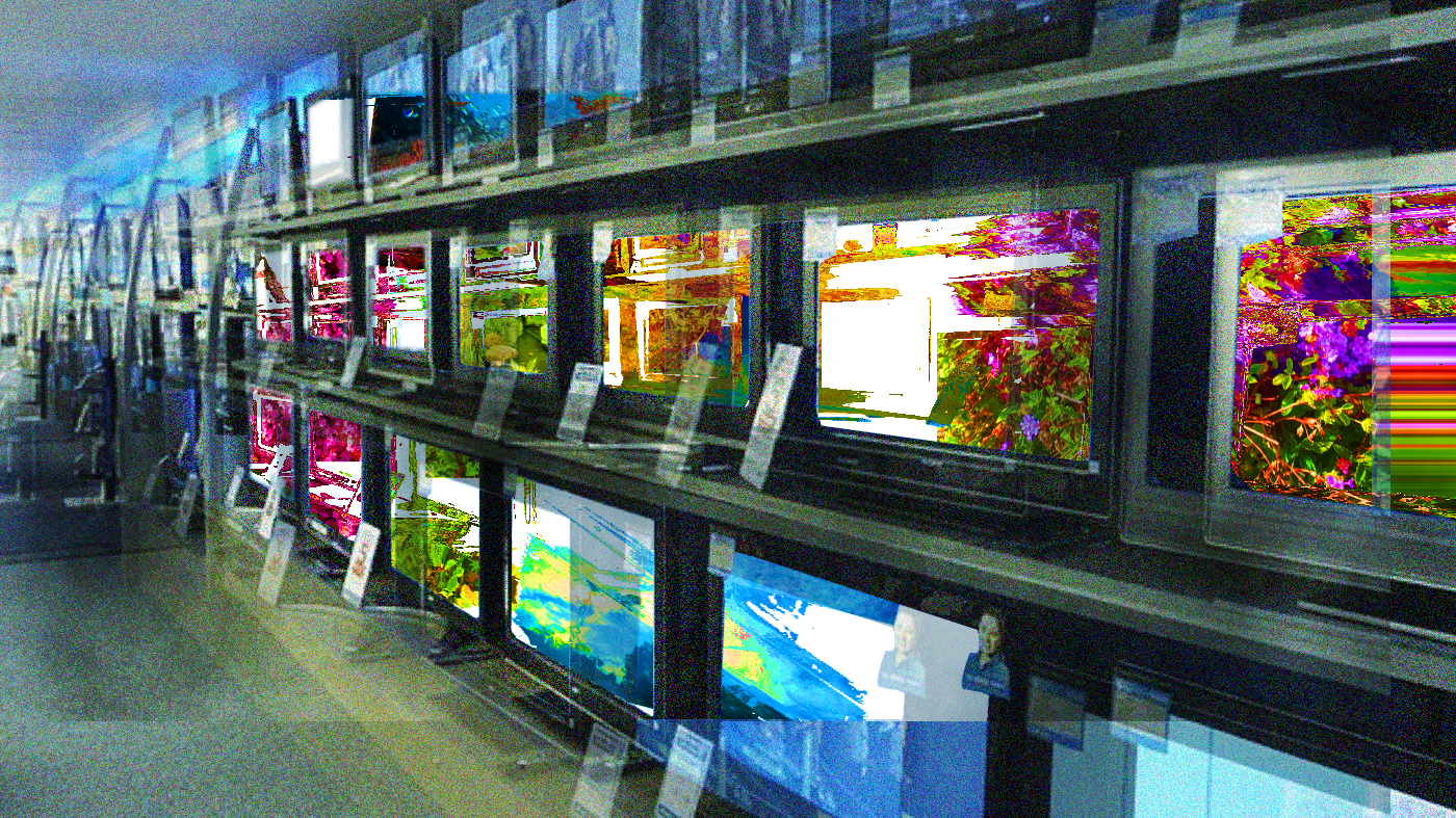 An edited photograph of old-school televisions stacked in a long row