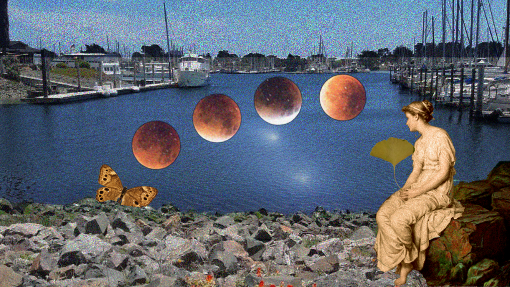 Photo collage of statue of woman sitting on rocks with harbor and boats in background with four moon orbs arcing from a large butterfly on rocks to face of statue